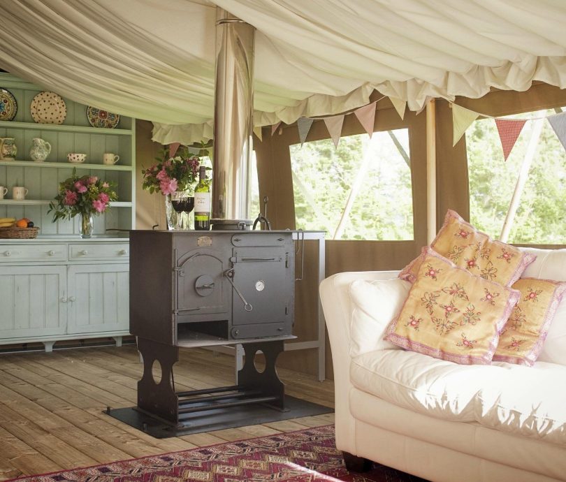 Living area of a luxury Glamping safari tent at Cuckoo Down Farm in Exeter Devon