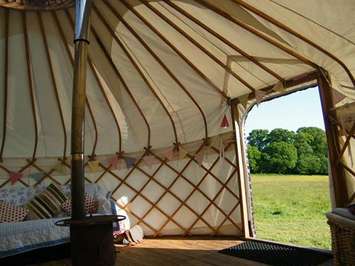 Inside view of a luxury glamping yurt at Cuckoo Down Farm Exeter Devon