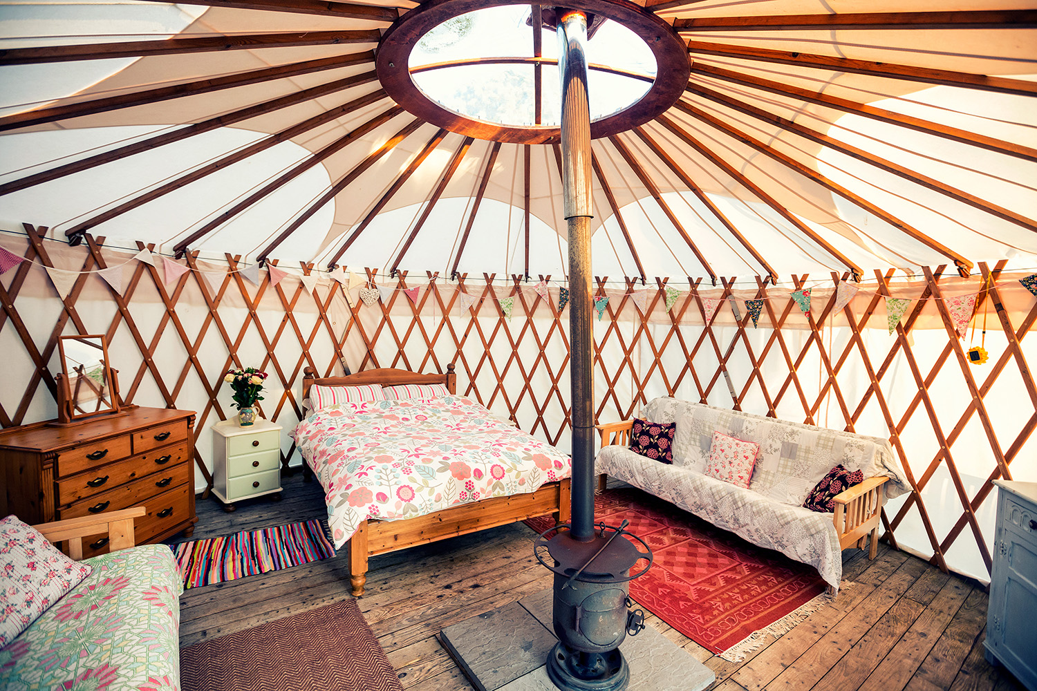 Yurt interior at Cuckoo Down Farm Glamping