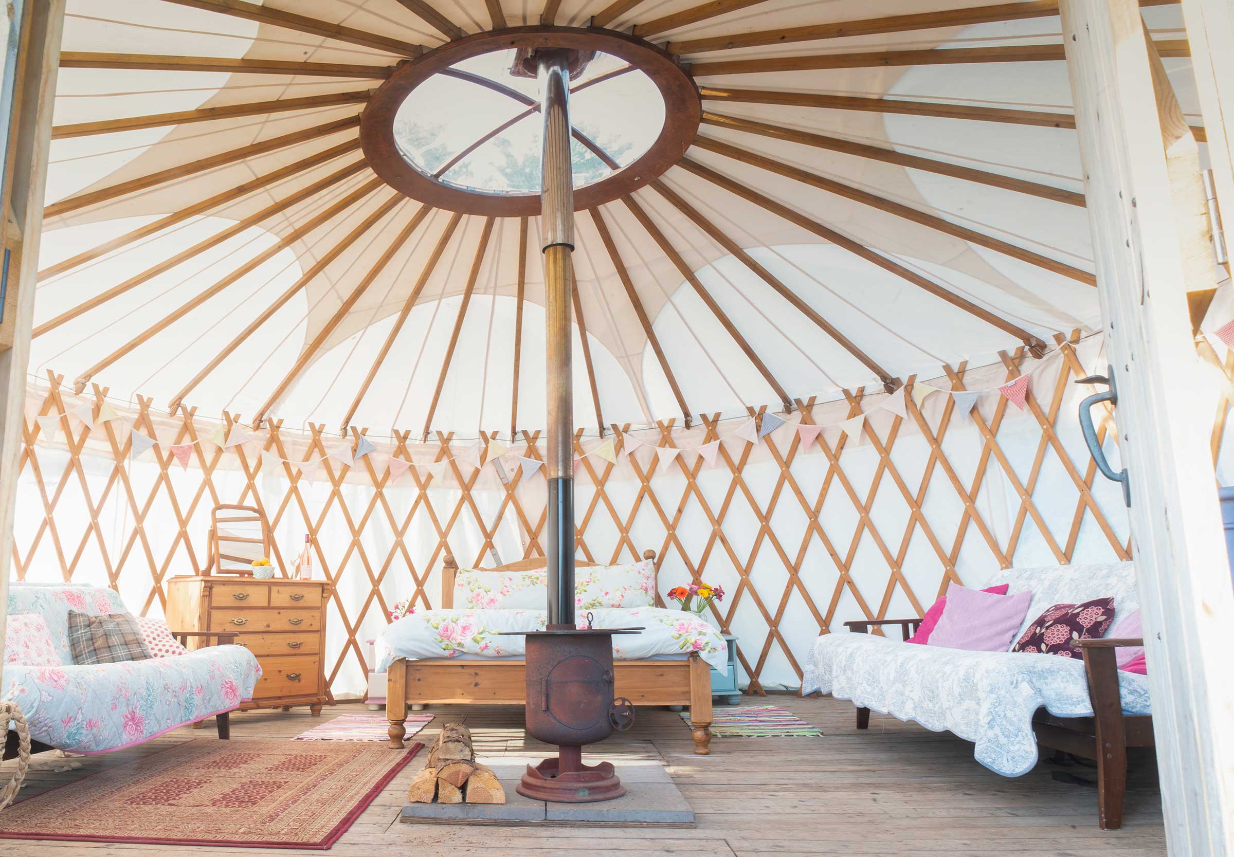 Inside a bell tent at Cuckoo Down Farm Glamping in Exeter