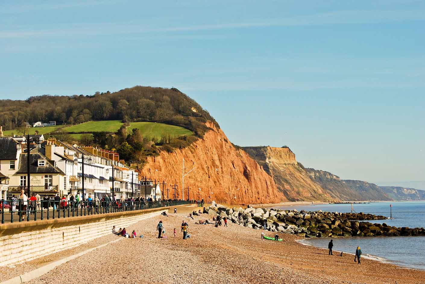 Sidmouth seafront with red cliffs of Jurassic Coast, Devon England