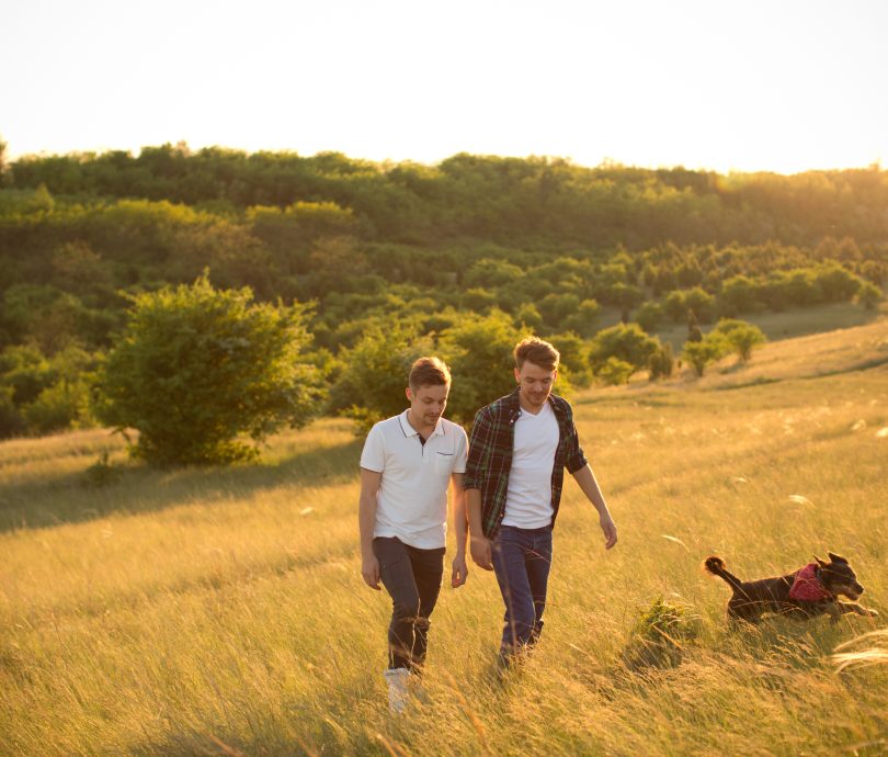 gay couple walking dog in sunny field whilst on holiday in Devon