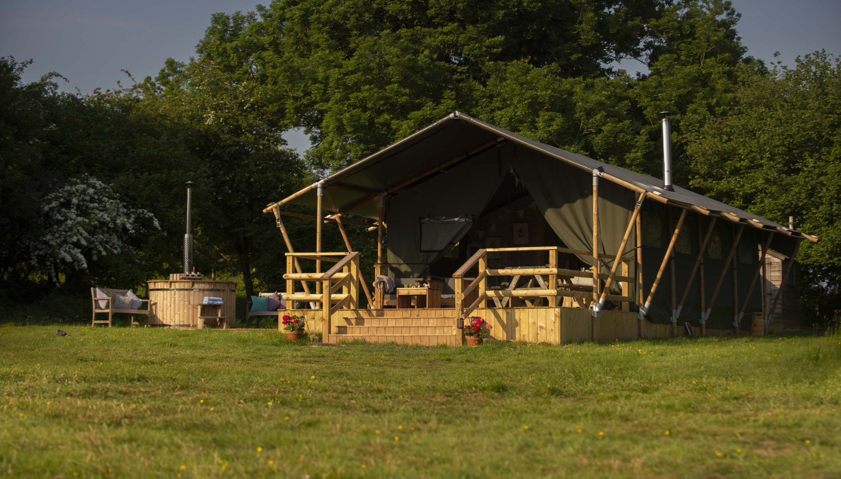 Exterior of a luxury Glamping Safari Tent at Cuckoo Down Farm in Exeter Devon